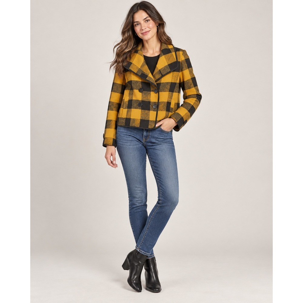 Ann Taylor LOFT Mustard Yellow Black Buffalo Plaid Wool Blend Petite Pea Coat SP